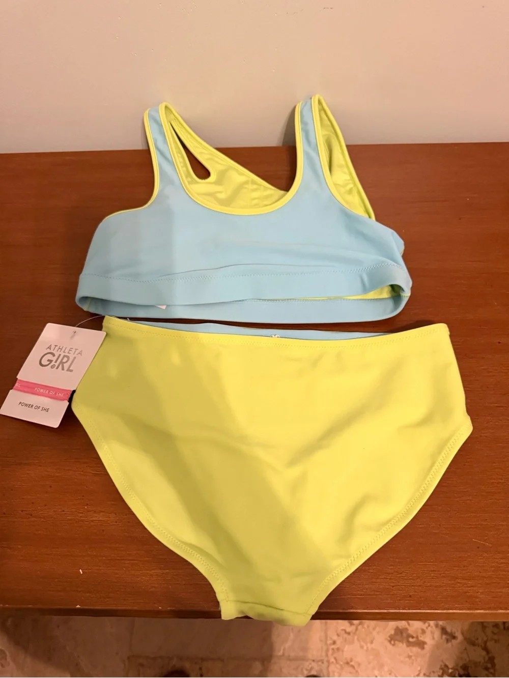 NWT Athleta Light Blue and Lime Girls Two-Piece Swim Set, Size XL/14